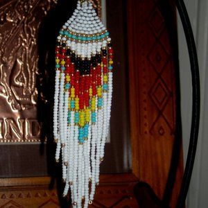 Native American Made Hand Beaded 4 1/4"  Shoulder Sweeper Pierced Earrings